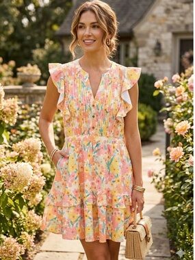 Anthropologie THML NEW Collette Floral Flutter Sleeve Mini Dress Pink Yellow L
